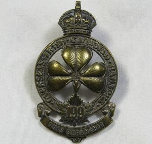 WWI 199th Infantry Battalion Overseas Irish Canadian Rangers Cap Badge