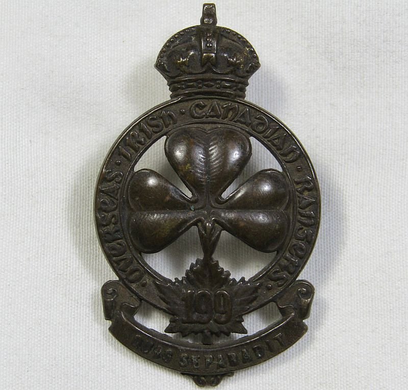 WWI 199th Infantry Battalion Overseas Irish Canadian Rangers Cap Badge