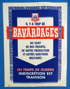 WWII Canadian French Language Window Card Poster: 'There is Too Much Loose Talk'