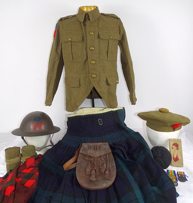 Identified WWI 13th Battalion Black Watch Royal Highlanders of Canada Uniform, Painted Combat Helmet, and Medals Trunk Group — image 2