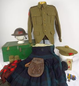 Identified WWI 13th Battalion Black Watch Royal Highlanders of Canada Uniform, Painted Combat Helmet, and Medals Trunk Group