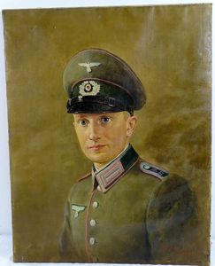 WWII German Oil Portrait of an Army Panzerjaeger Unteroffizier 20-1/2″ X 25-1/2″