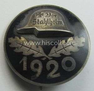 Stunning - and rarely encountered! - (larger-sized!) enamelled lapel-pin: 'Der Stahlhelm' - Bund der Frontsoldaten (Sta) - Eintrittsabzeichen 1920' being an engraved example that comes in an overall very nice- (and/or fully undamaged!), condition