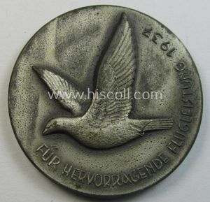 Unusually seen, silver-toned- (ie. typical 'zinc'-based) so-called: 'Reisebrieftaubenwesen e.V.'-related, commemorative-plaque entitled: 'R.D.Kl. Reichs-Fachgruppe - Für hervorragende Flugleistung 1937'