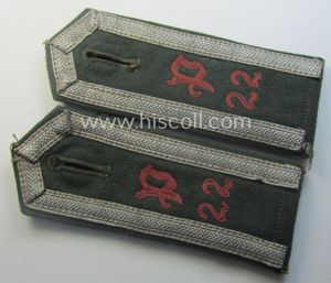 Pair of WH (Heeres), neatly 'cyphered' ('M36'- ie. 'M40'-pattern and pointed-style) NCO-type shoulderstraps: 'Uffz. des Panzerjäger-Abtlgs. 22'