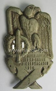 Commemorative, tin-based SA- (ie. 'Sturmabteilungen'-) related 'tinnie', being a non-maker-marked- and 'hollow-back' example depicting an eagle-device and SA-sports'-badge and the text: 'SA-Wettkampftage der SA-Gruppe Niedersachsen - 1936'