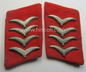 Truly worn - and matching! - pair of WH (Luftwaffe) bright-red-coloured, EM- (ie. NCO-) type collar-patches (ie. 'Kragenspiegel') as was intended for usage by a member within a: 'Flak-Artillerie'-regiment ie. unit