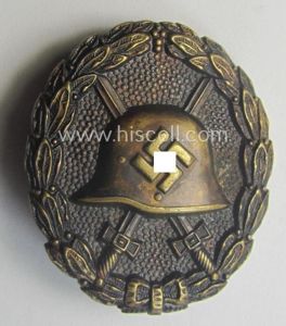 Luxuriously-styled, early-pattern black-class wound-badge (ie.: 'Verwundeten Abzeichen in Schwarz') being a detailed so-called: 'Spanish Civil-War'-version that comes in a moderately used- and/or worn, condition