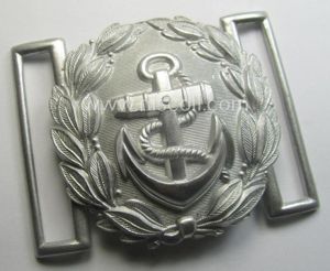 'Virtually mint', WH (Kriegsmarine) 'standard-issue'-pattern, silver-toned- and/or typical aluminium-based officers'-dress-model belt-buckle (ie. 'Paradefeldbinde für Beambten der KM') being a neatly maker- (ie. 'F.L.L.'-) marked example