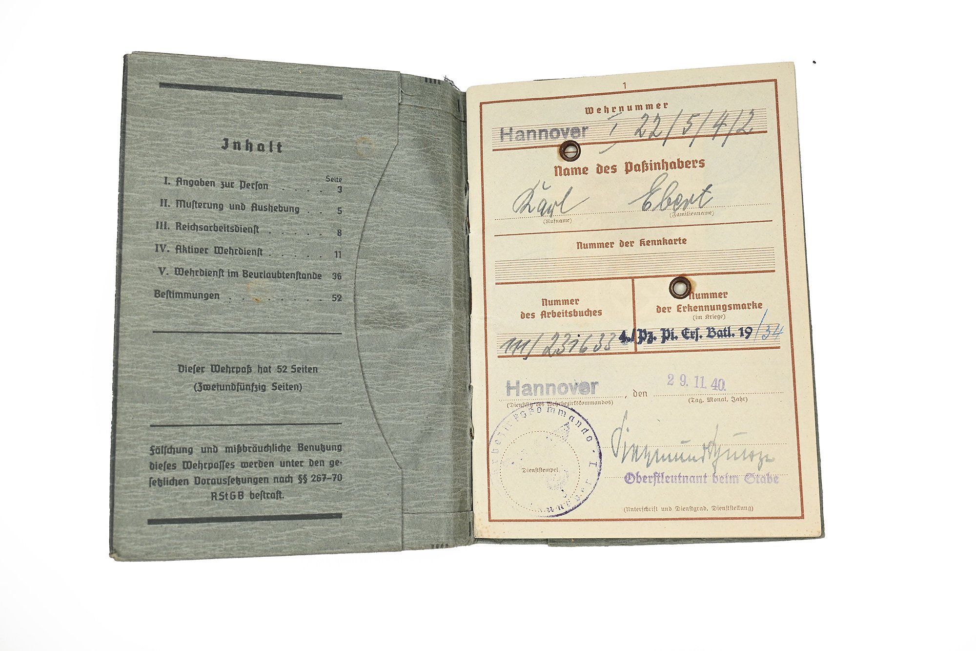 wehrpas karl ebert 4.pz.pi.erz.batll.19/34