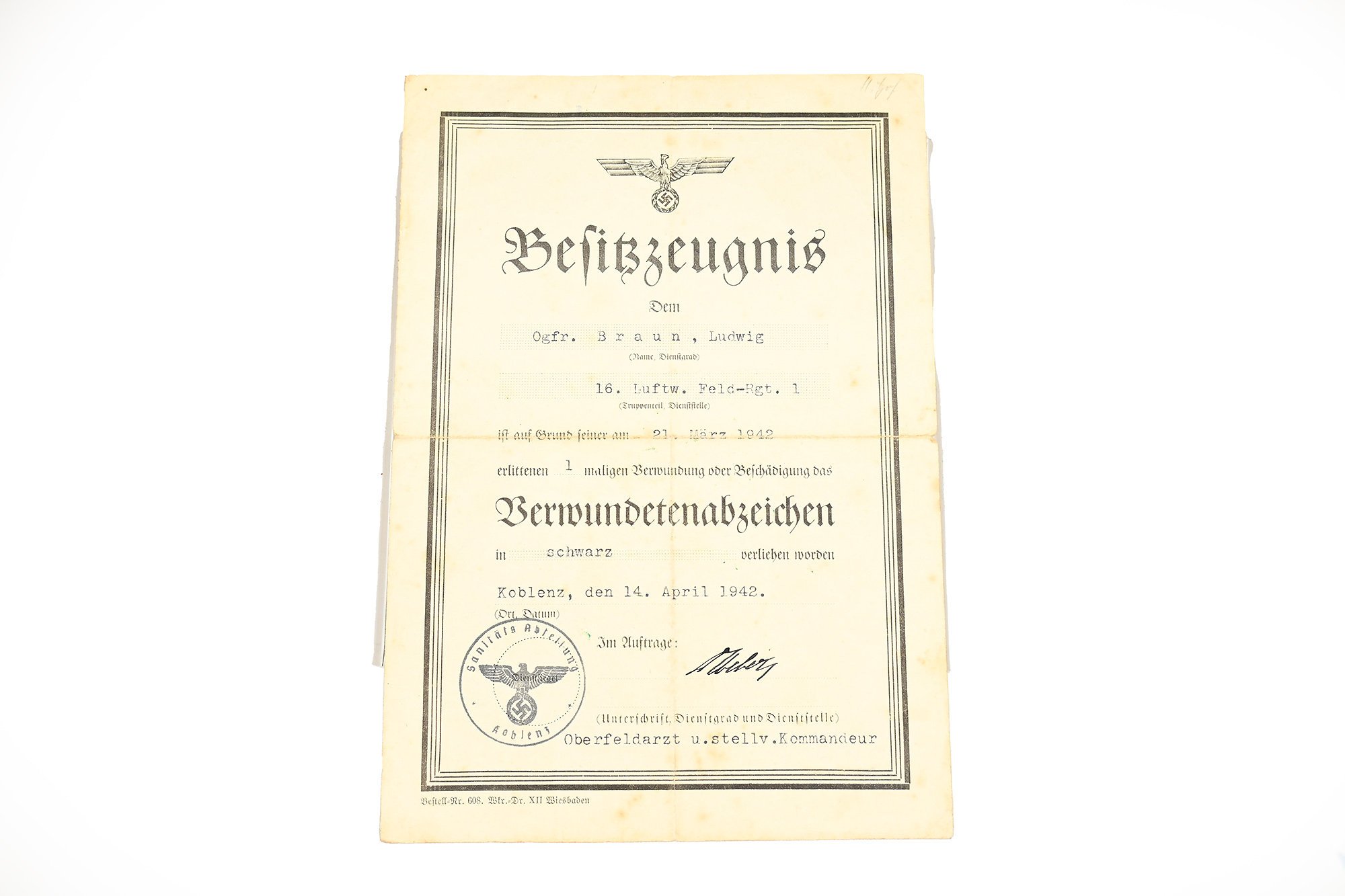 certificate of absenteeism. luftwaffe field division