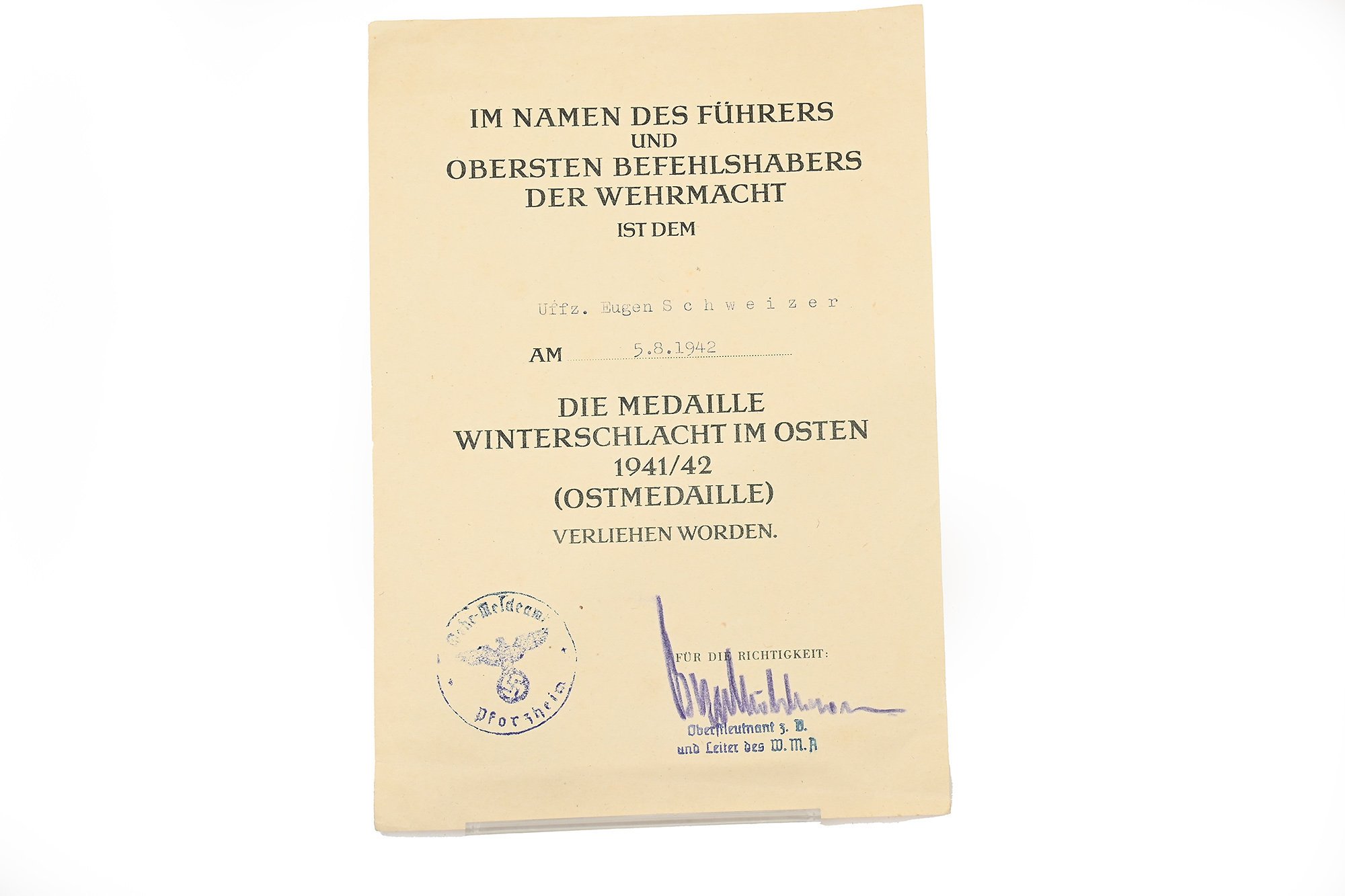 East medal certificate