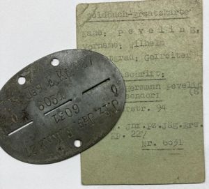 'Soldbuch-Ersatzkarte' (substitute)/ 'Erkennungsmarke' (dogtag) - 227.Inf.Div. - Peveling