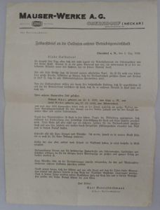 'Mauser-Werke A.G.' (Mauser factory) social policy 'Feldpost' letter