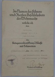 Single award document Luftwaffe - Luftgau Kommando 1 - Braun