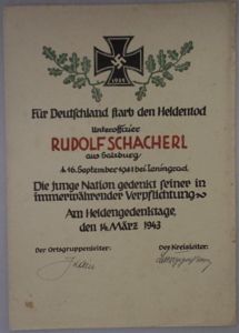 'Heldentod' (heroic death) certificate - Schacherl