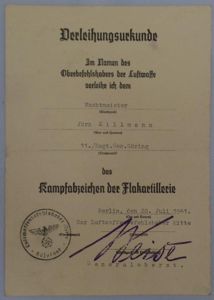 Single award document Luftwaffe - Regt.'General Göring' - Killmann