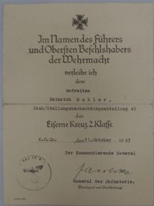 Single award document WH (Heer) - 'Stellungsbeobachtungsabteilung 49' - Mahler
