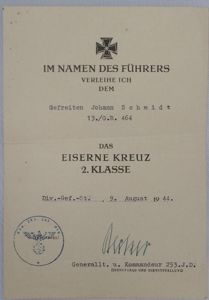 Single award document WH (Heer) - 253.Inf.Div. - Schmidt