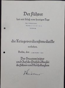 Single award document 'Kriegsverdienstmedaille' - Pientka