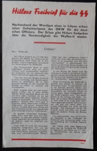 Anti German propaganda leaflet (flyer) 'Hitlers Freibrief für die SS'