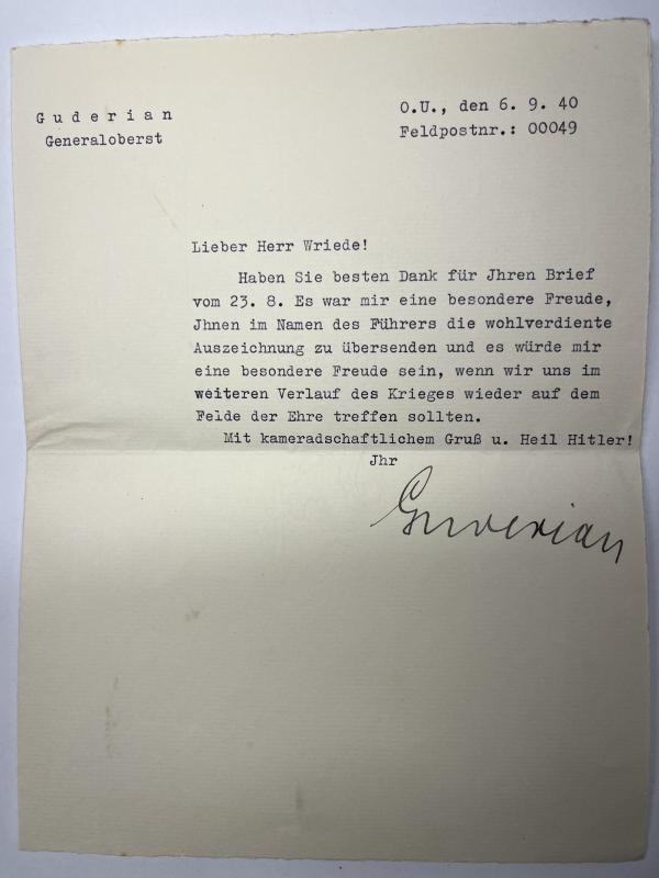 'Feldpost' letter - Heinz Guderian -1940