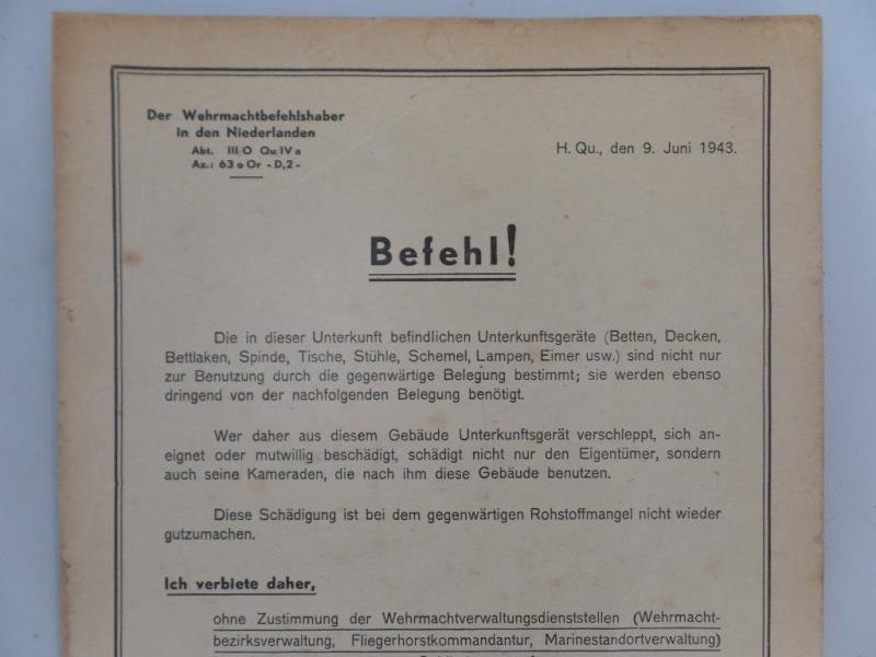 'Befehl' (order)- 'Der Wehrmachtsbefehlshaber in den Niederlanden' - 1943