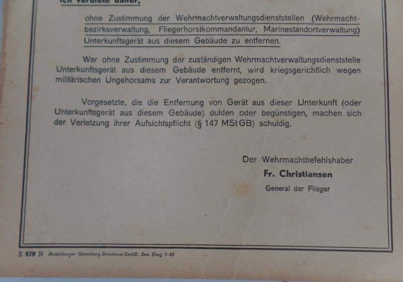 'Befehl' (order)- 'Der Wehrmachtsbefehlshaber in den Niederlanden' - 1943