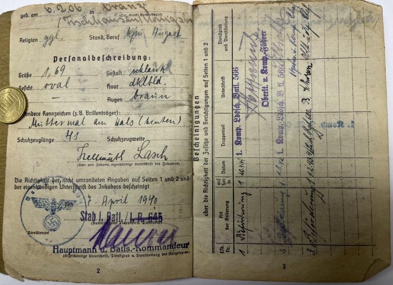Soldbuch WH (Heer) - 221.Inf.Div./454.Sich.Div. - Lasch