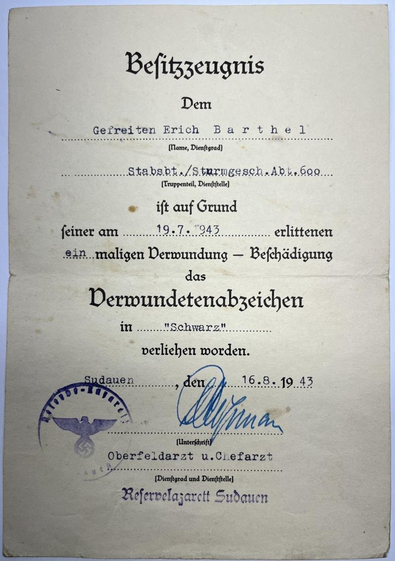 Soldbuch / citation /photos - WH (Heer) - Stug.Brig.600 / Stug.Brig.210 - Barthel