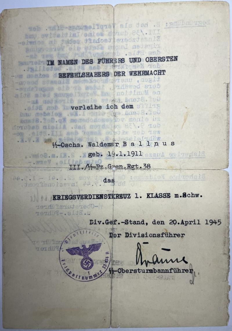 'Waffen-SS' citation set - Pz.Gren.Rgt.38 / 17.SS-Pz.Gren.Div.'Götz von Berlichingen' - Ballnus