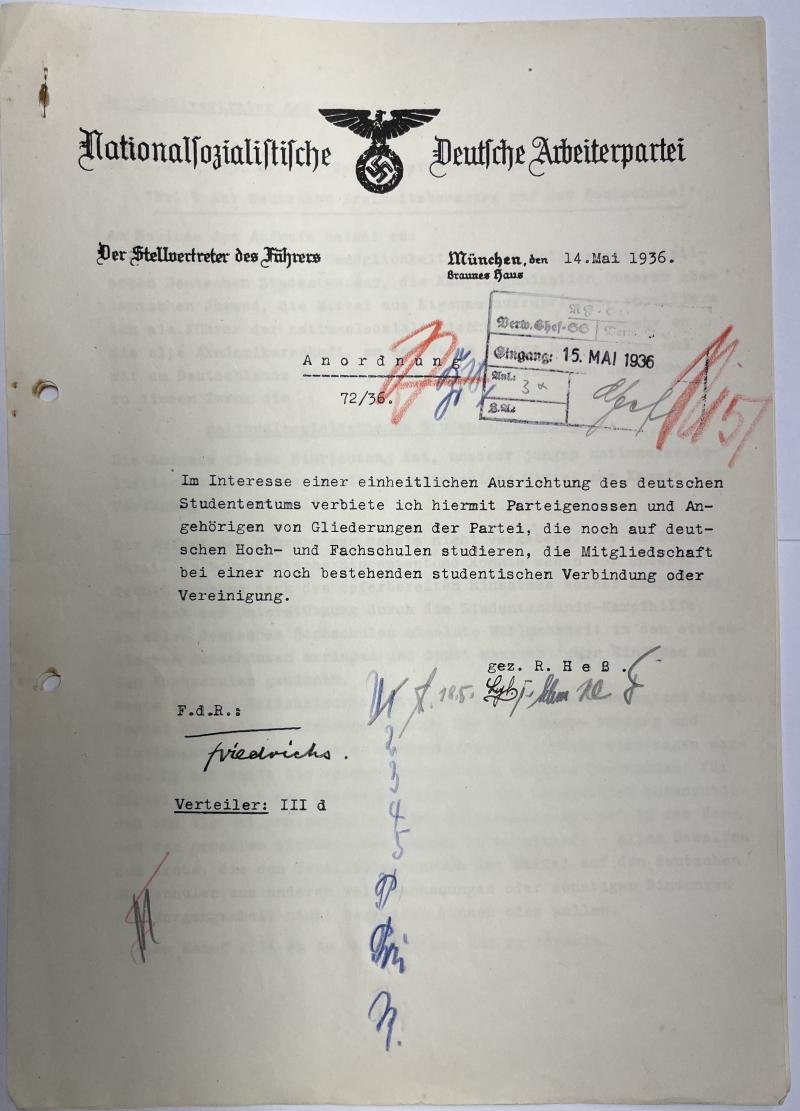 NSDAP - 'Anordnung' (arrangement/order) - Hess
