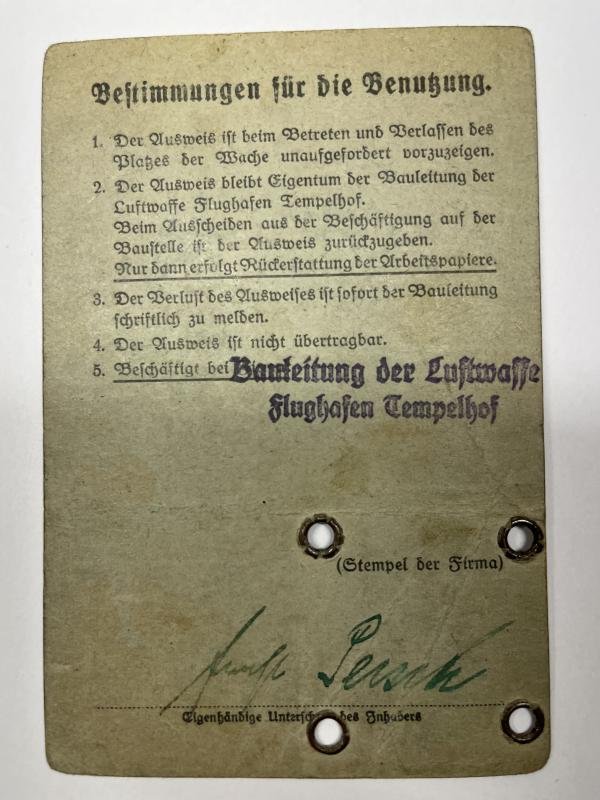 Soldbuch/I.D. - WH (Heer) - Fliegerhorstkomp.16/VII/ Bauleitung Tempelhof - Persch