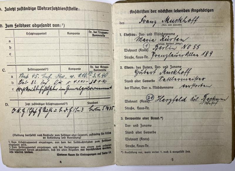 Soldbuch WH (Heer) - 95.Inf.Div./82.Inf.Div. - Muckhoff