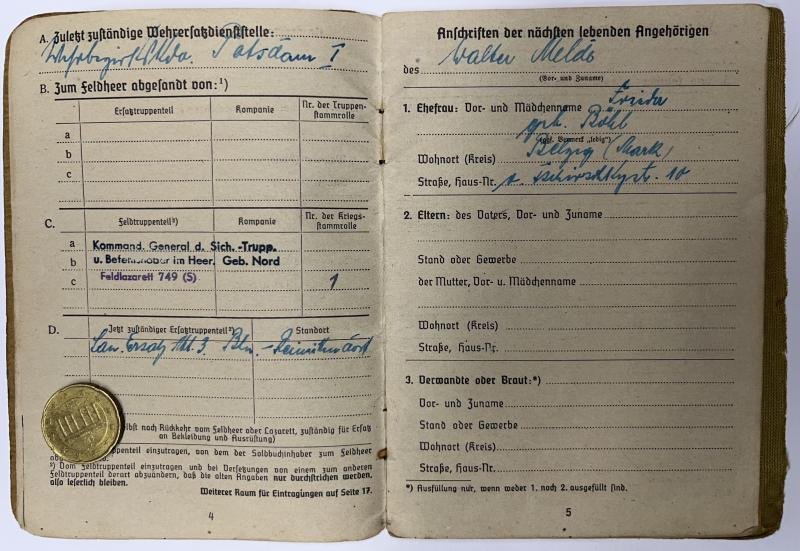 Soldbuch WH (Heer) - Feldlazarett 749 - Melde