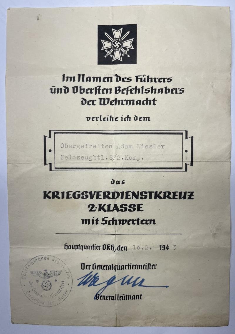 Citation - WH (Heer) - Feldzeugbtl.8 - Wiesler