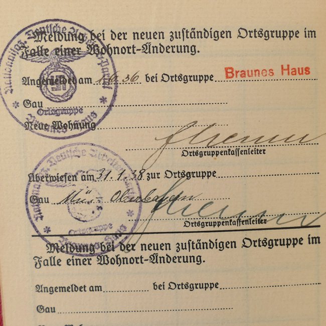NSDAP Membership Booklet 'Braunes Haus'