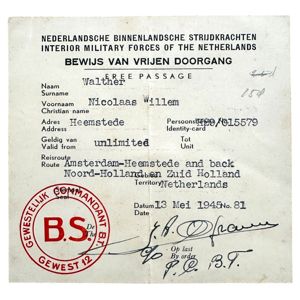 Original WWII Dutch N.B.S. proof of free passage card Heemstede
