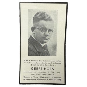 Original WWII Dutch death card of resistance fighter Geert Hoes from Tilburg