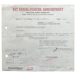 Original WWII Nederlandsche Arbeidsfront letter Arnhem/Apeldoorn