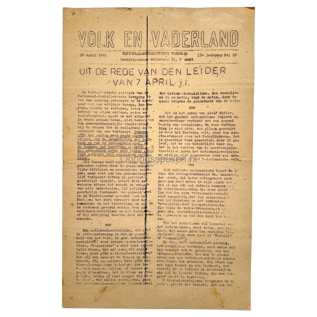 Original WWII Dutch NSB 'Volk en Vaderland' late war newspaper 1945