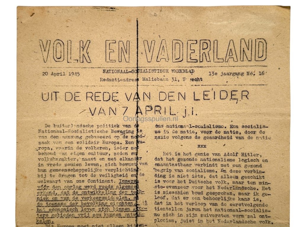 Original WWII Dutch NSB 'Volk en Vaderland' late war newspaper 1945 — image 2