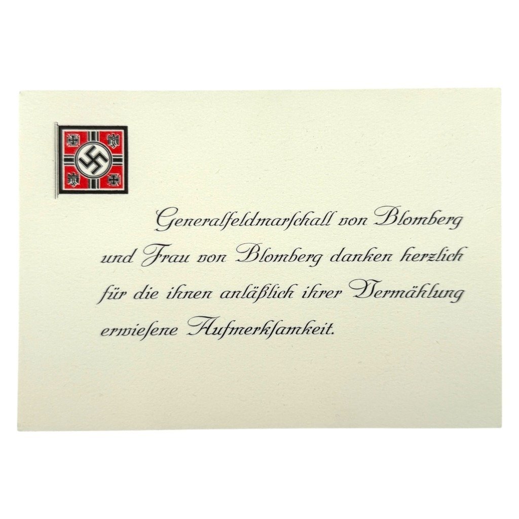 Original WWII German Generalfeldmarschall Werner von Blomberg Wedding Thank-You Card