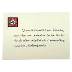 Original WWII German Generalfeldmarschall Werner von Blomberg Wedding Thank-You Card