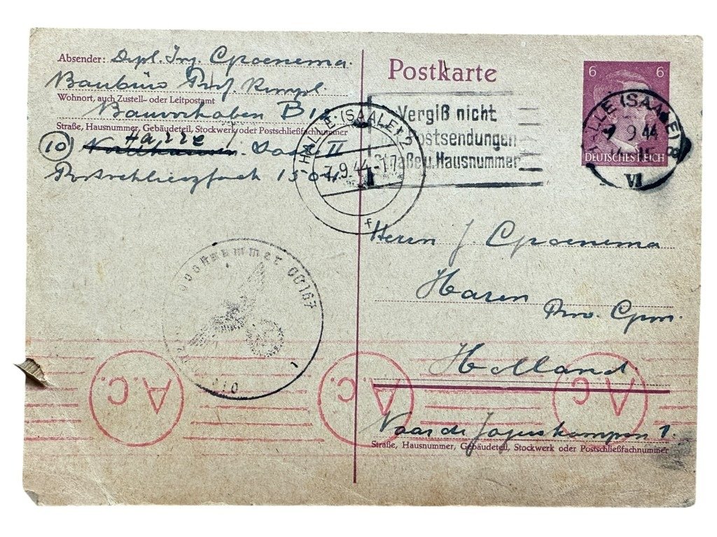 Original WWII Dutch Waffen-SS volunteer postcards 'SS-Pz.Grenadier-Ausbildungs und Ersatz-Bataillon 5' in Ellwangen to Haren in Groningen