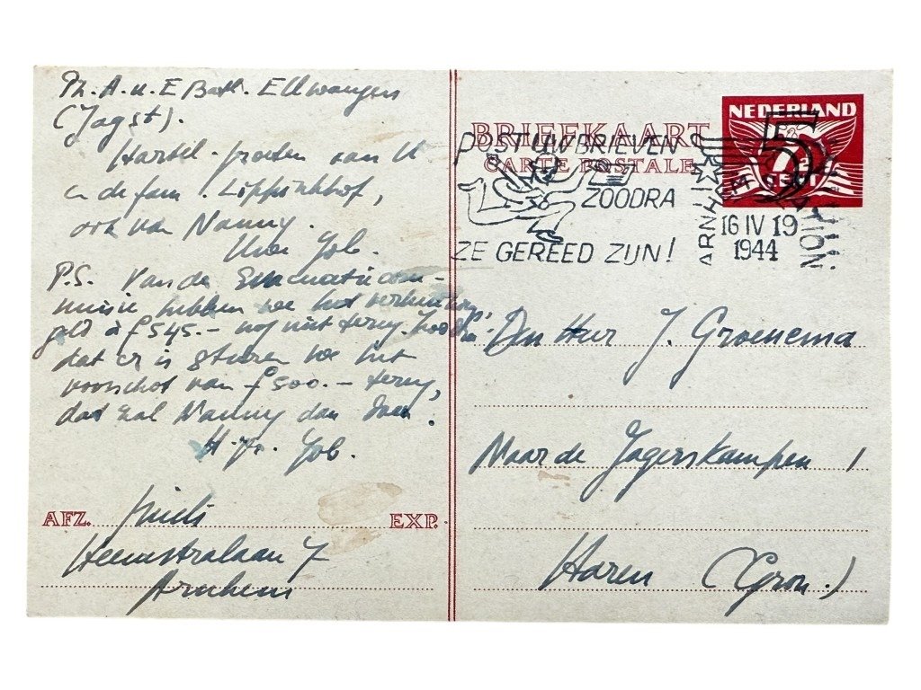 Original WWII Dutch Waffen-SS volunteer postcards 'SS-Pz.Grenadier-Ausbildungs und Ersatz-Bataillon 5' in Ellwangen to Haren in Groningen