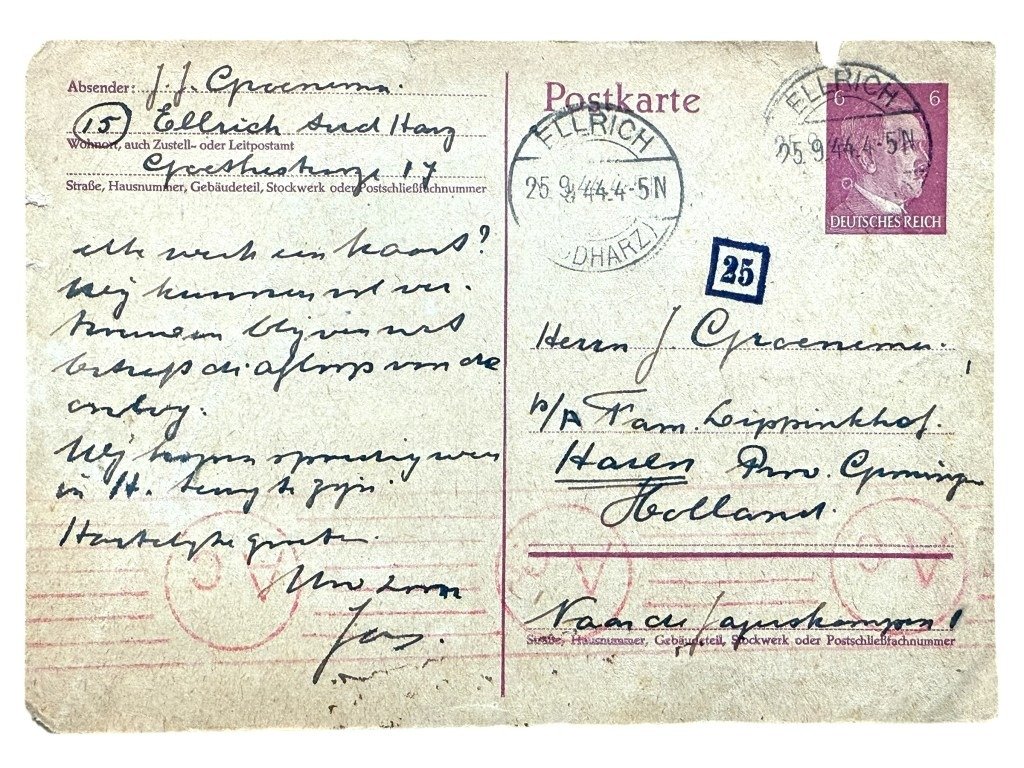 Original WWII Dutch Waffen-SS volunteer postcards 'SS-Pz.Grenadier-Ausbildungs und Ersatz-Bataillon 5' in Ellwangen to Haren in Groningen