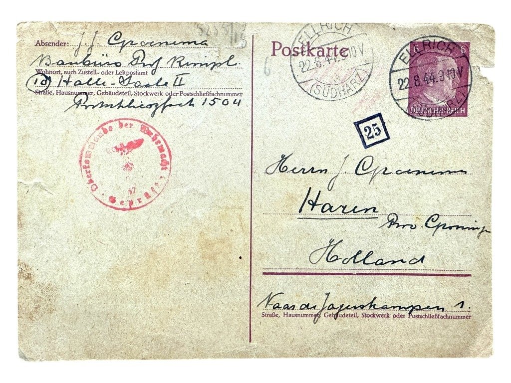 Original WWII Dutch Waffen-SS volunteer postcards 'SS-Pz.Grenadier-Ausbildungs und Ersatz-Bataillon 5' in Ellwangen to Haren in Groningen