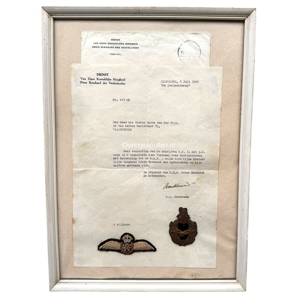 Original WWII Dutch Prins Bernhard RAF insignia with letter from his adjutant