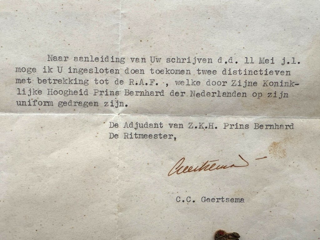 Original WWII Dutch Prins Bernhard RAF insignia with letter from his adjutant